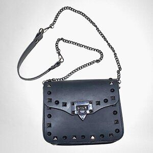 Borse in Pelle Black Studded Matte Leather Crossbody Bag w/Chainstrap